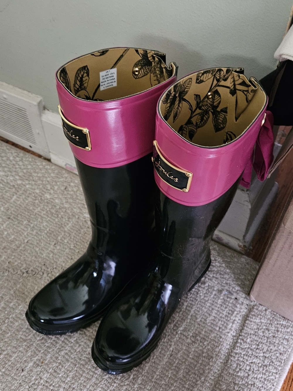 Joules Evedon Women's Knee High Waterproof Rainboots Black/Pink Size 9